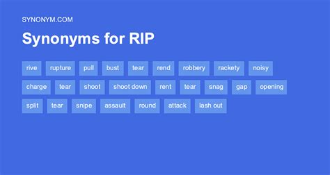 Find 1 835 words and phrases for rip, a verb meaning to divide, sever, or tear something. . Rip synonym